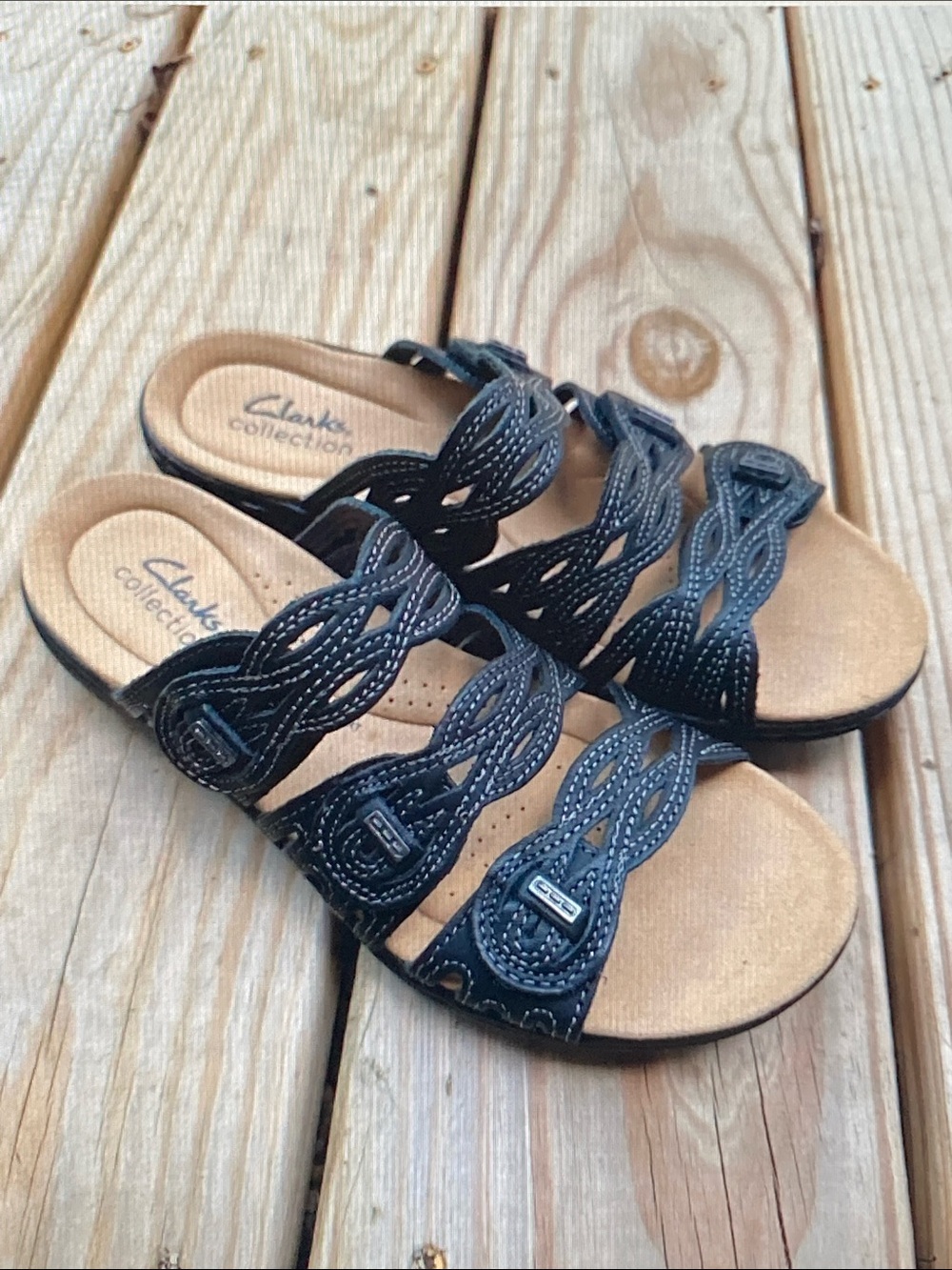 Clarks Black Woven Strap Slide Sandals